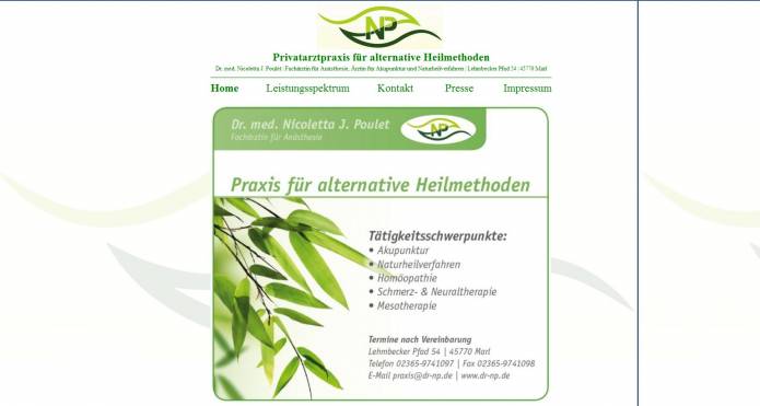 , Dr. med. Nicoletta J. Poulet, Privatarztpraxis für alternative Heilmethoden, Fachärztin für Anästhesie, Zusatzbezeichnungen Akupunktur und Naturheilverfahren., Marl, Anästhesistin